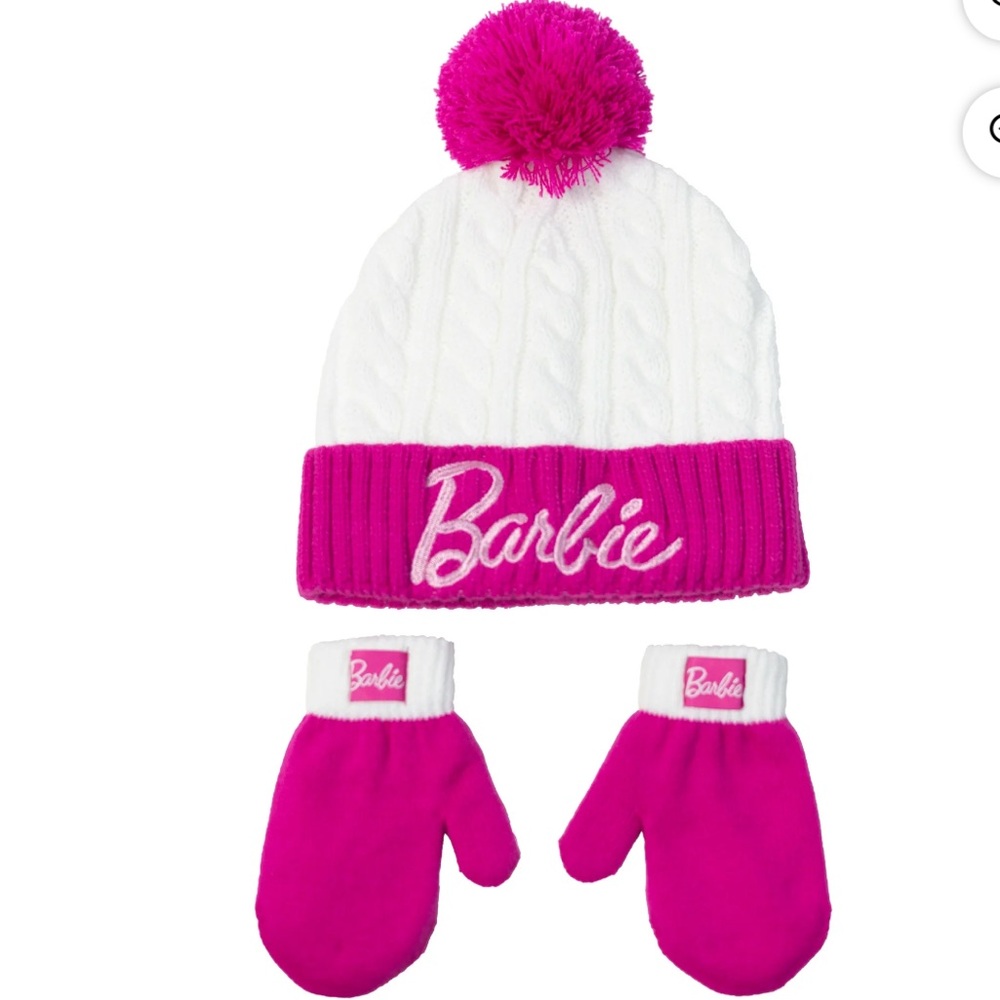 Barbie White and Pink Pom-Pom Hat and Mittens New Set